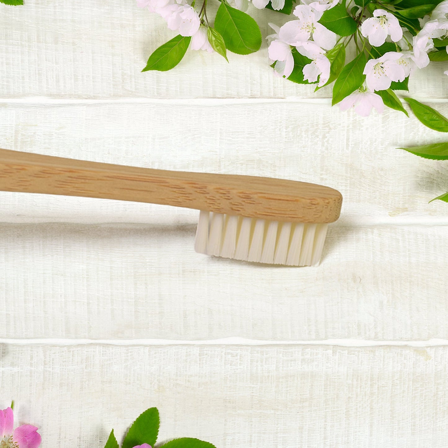 Detailed view of ultra soft bristles on the bamboo toothbrush