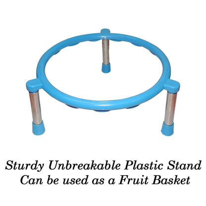 Isometric view of the durable stainless steel matka stand with anti-skid feet.