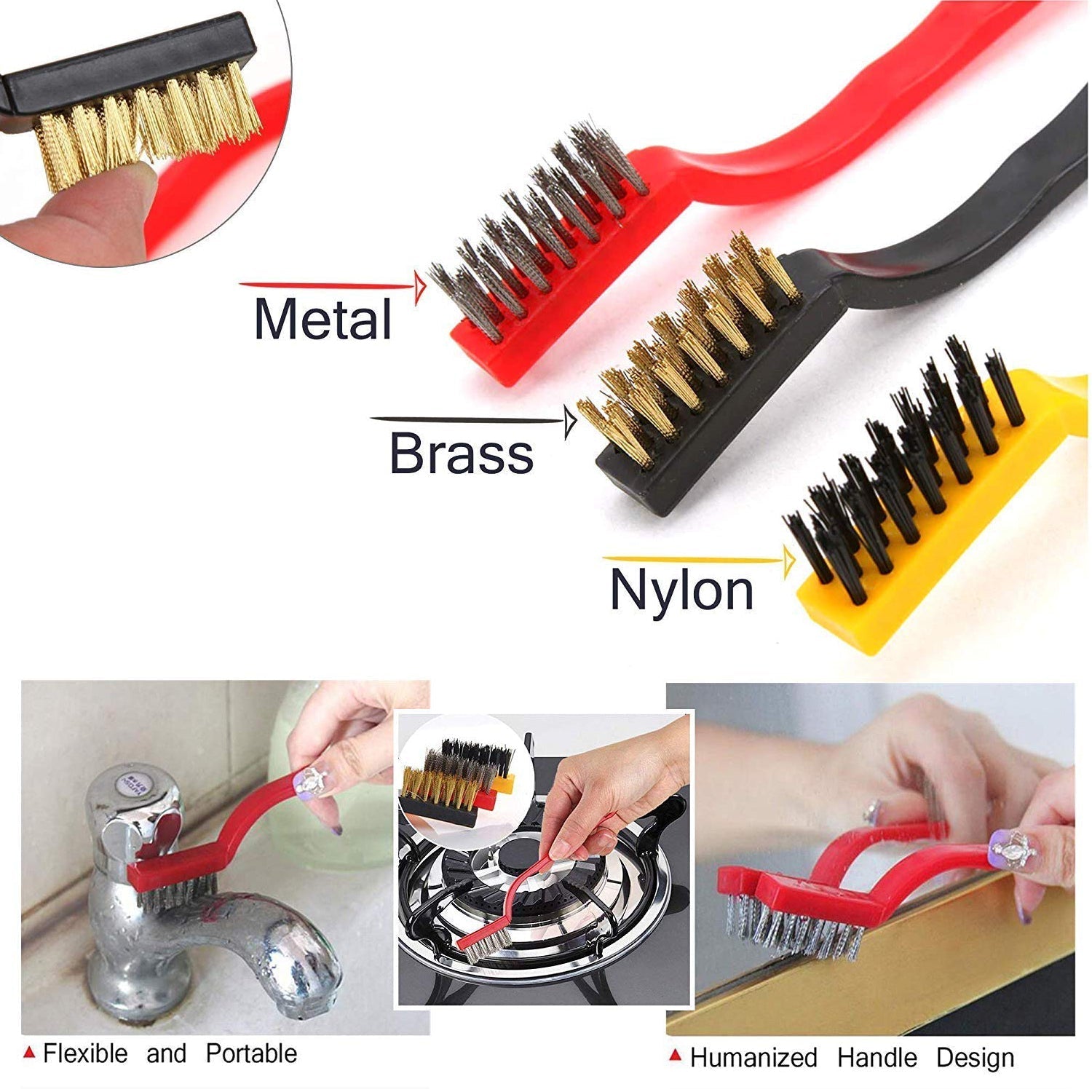 The mini wire brush set features hanging holes for convenient storage after tough cleaning jobs.