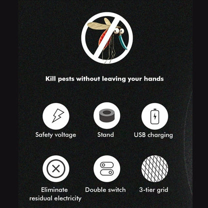 A black background with a 'no mosquito' icon and six feature icons: safety voltage, stand, USB charging, eliminate