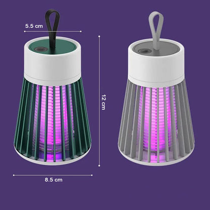 Two Mosquito Killer Lamps, one green and one gray, are shown with their dimensions labeled on a purple background.