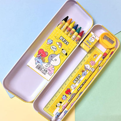Engaging 12-piece kids stationery school kit with cartoon metal pencil box and erasers.