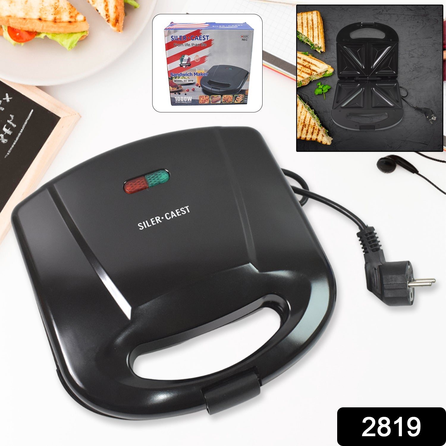 Close-up of sandwich maker non-stick sandwich plates with toasted sandwich inside