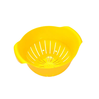 Side view of the blue rice washing bowl, highlighting its sturdy BPA-free plastic construction.