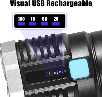 A close-up of the flashlight's side, showing a blue button and a visual battery indicator with 100, 75, 50, and 25 percent