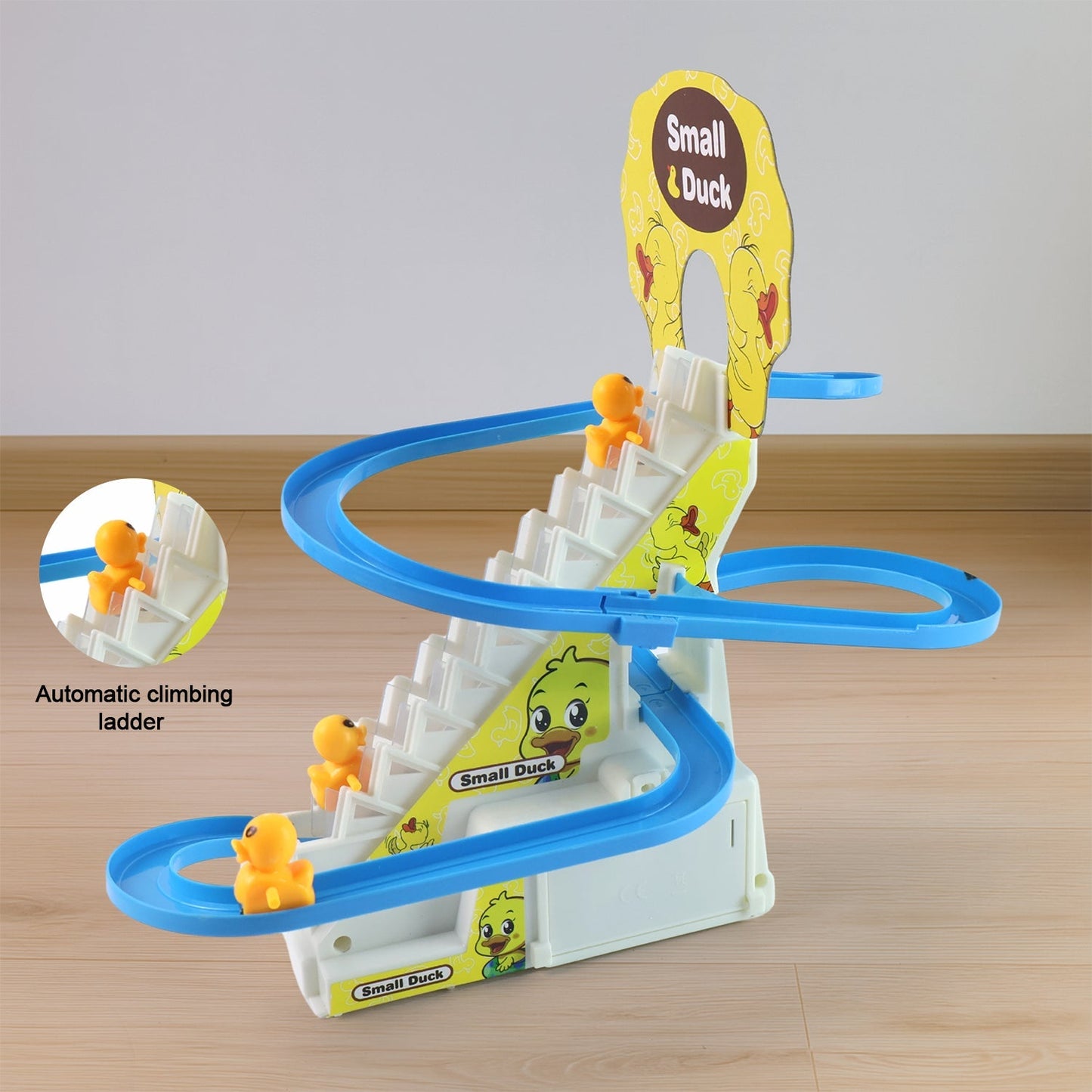 Duck climb stairs toy roller coaster front view with lights and music