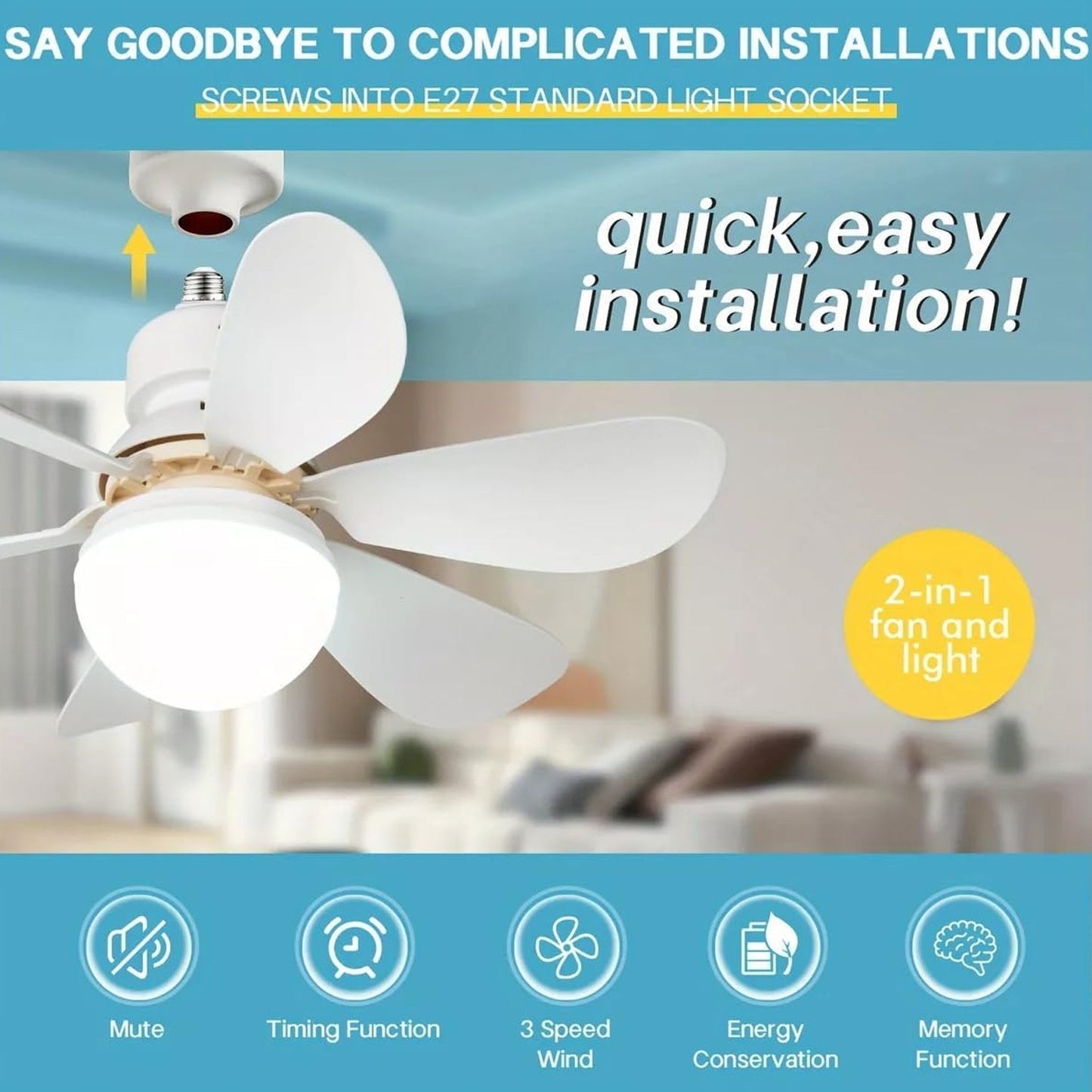 Room illuminated by the soft, adjustable light from the energy-saving LED ceiling fan.