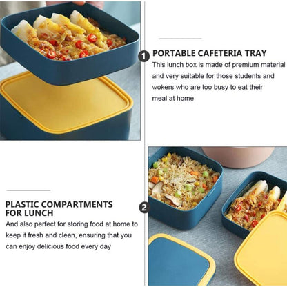 Green double-layer lunch box with the included spoon and carry handle.