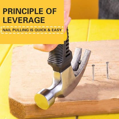 Top-down view of the mini claw hammer, emphasizing its robust construction and short handle.