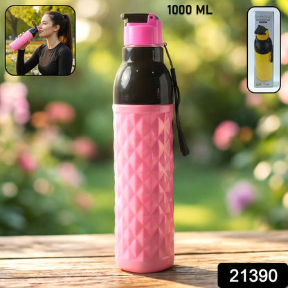 Angled side view of leakproof 1000ML diamond pattern water bottle