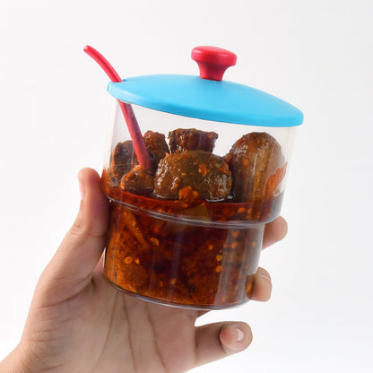Organized pickle and spice containers with color-coded airtight lids