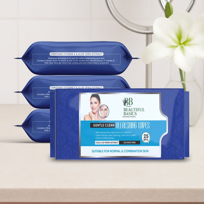 Beautiful Basics Gentle Face Wipes 4-pack, perfect for all skin types.