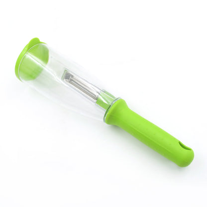 Close-up of the mess-free peeler's container, highlighting its capacity.