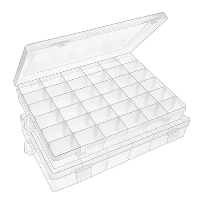 Plastic organizer box with adjustable dividers showcasing its clear design.