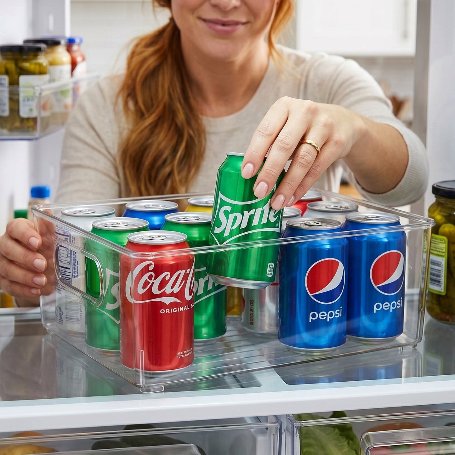 Organized pantry with clear storage boxes