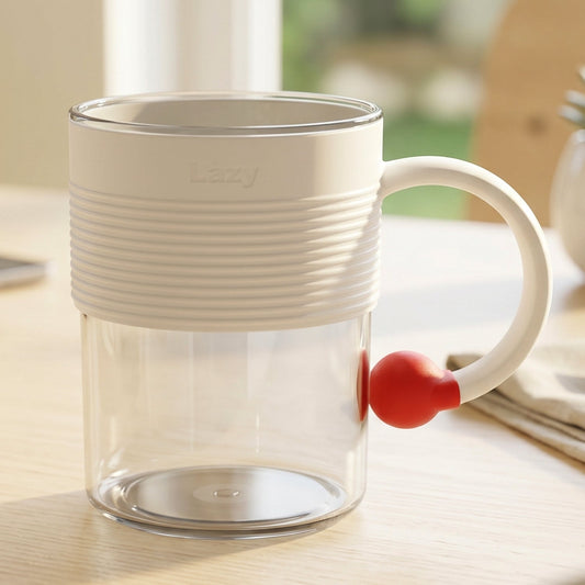 Transparent plastic coffee mug with a ring handle and red accent.