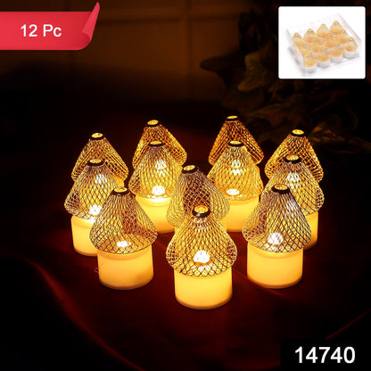 Decorative LED candle lights with warm flickering glow and golden mesh covers