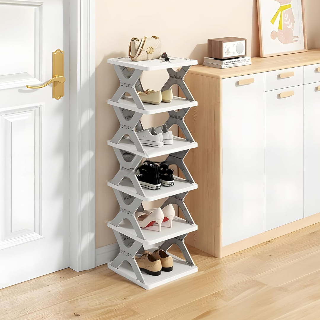 Foldable 6-layer shoe rack from Organivo, perfect for entryway organization.