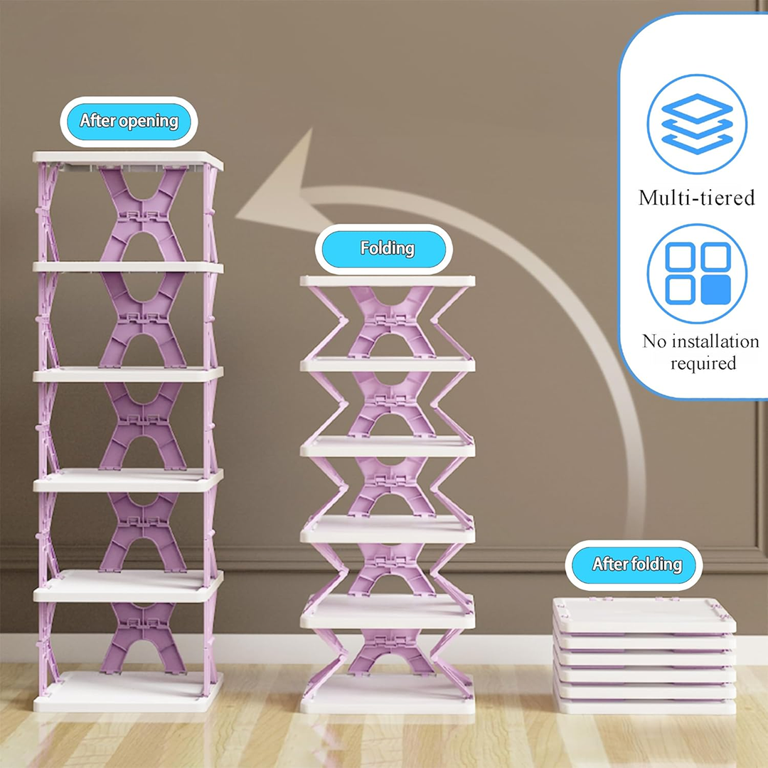 Organivo foldable shoe rack highlighting its quick, screw-free assembly.