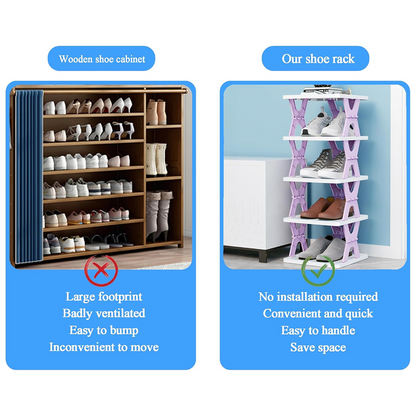 Space-saving 6-layer foldable shoe rack with dimensions for compact living.