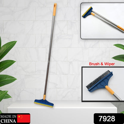Ergonomic long handle cleaning brush with rotatable wiper head for multiple surfaces.