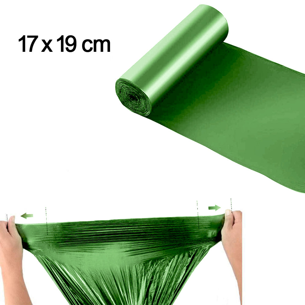 Individual green biodegradable bin liners for easy waste management.