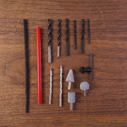 Flatlay of drill bits, grinding stones, screwdriver bits