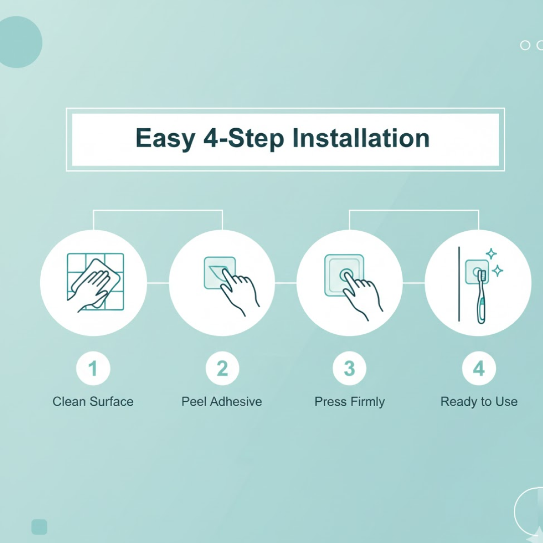 Self-adhesive wall hook securely holding a toothbrush in a bathroom.
