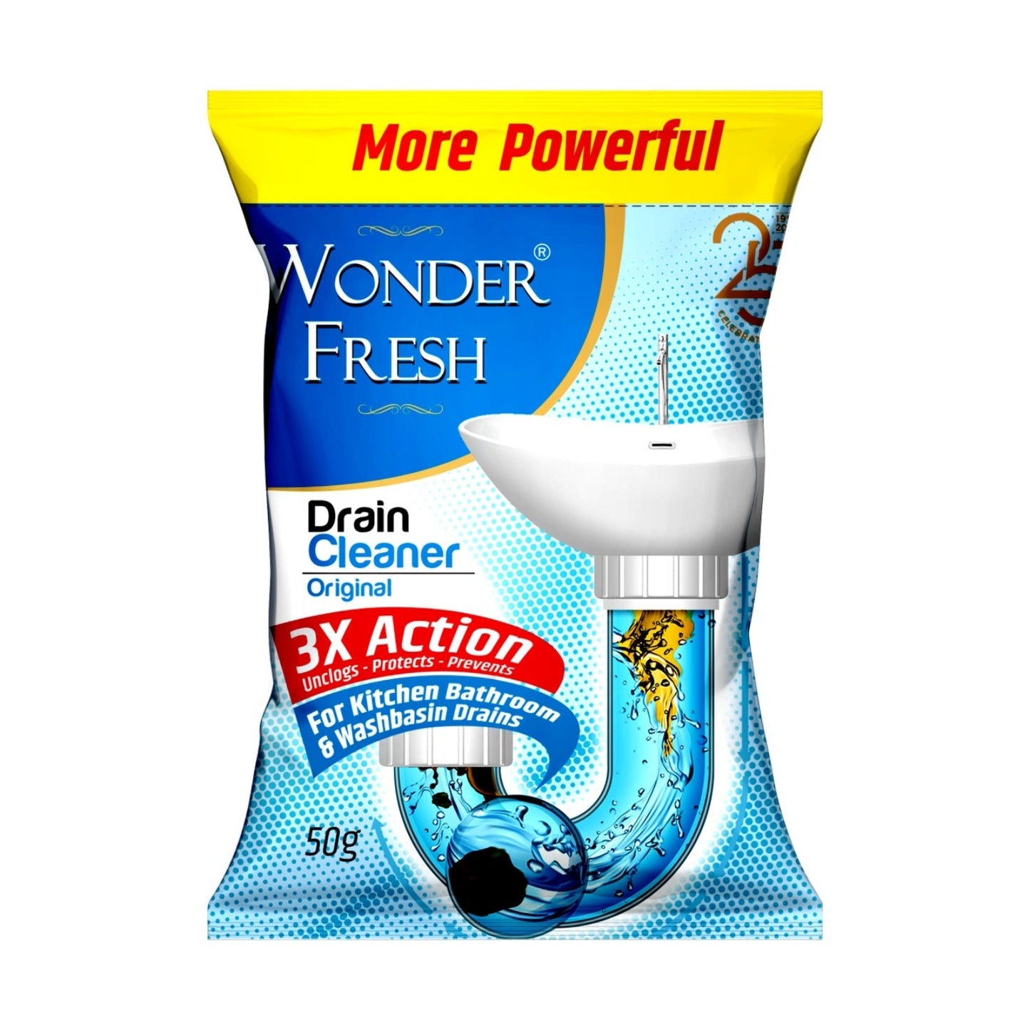 Illustrative image demonstrating how the drain cleaner powder works in pipes.
