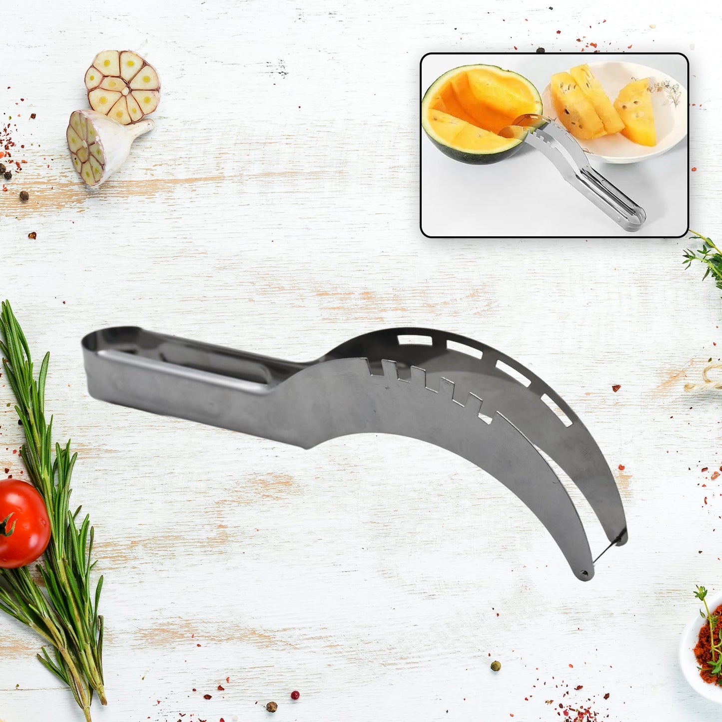 Clean and ready-to-use stainless steel fruit slicer.