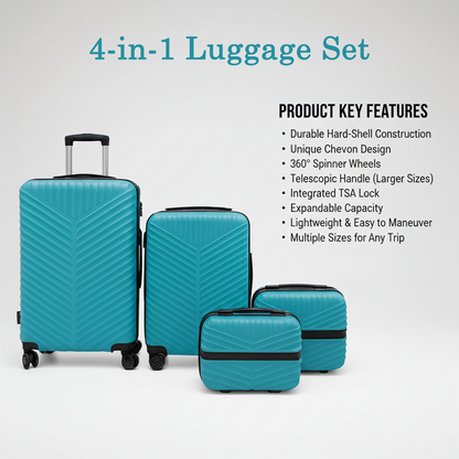 Sleek dark-colored 4-in-1 hard shell trolley luggage set with impact-resistant surface