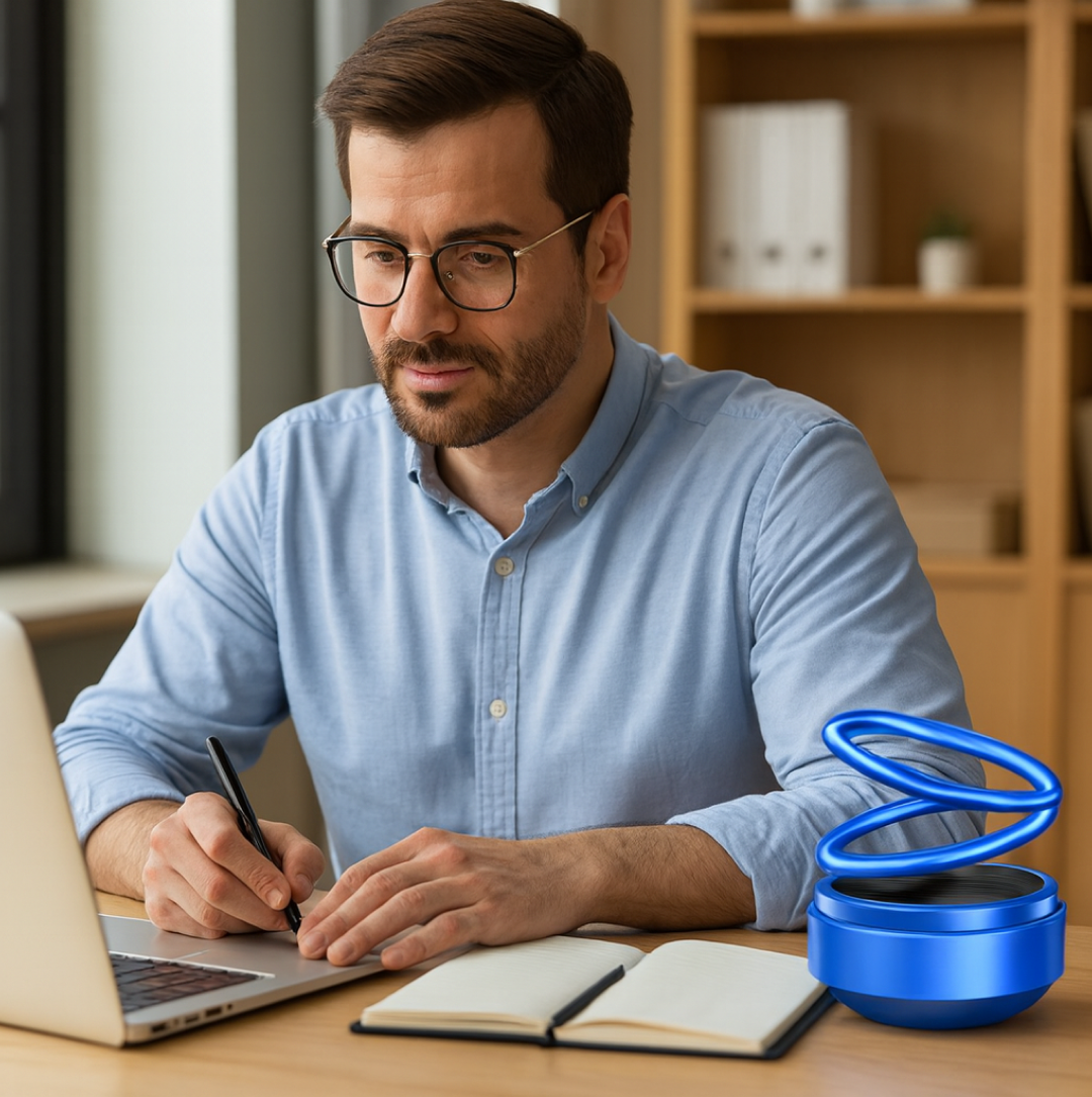 Solar Car Aroma Diffuser placed prominently on a car dashboard, actively diffusing fragrance.