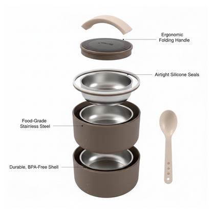 Side view showcasing the two separate compartments of this versatile 2-layer lunch box.