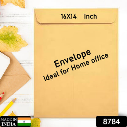 Stack of brown kraft envelopes with a pen and small note, ready for use.