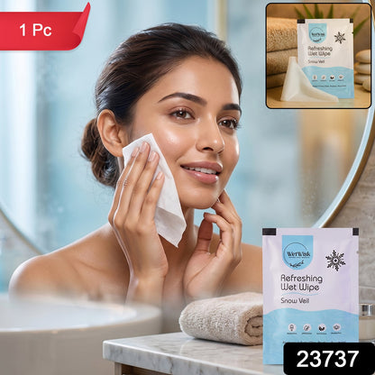Single pouch of Snow veil refreshing wet wipe