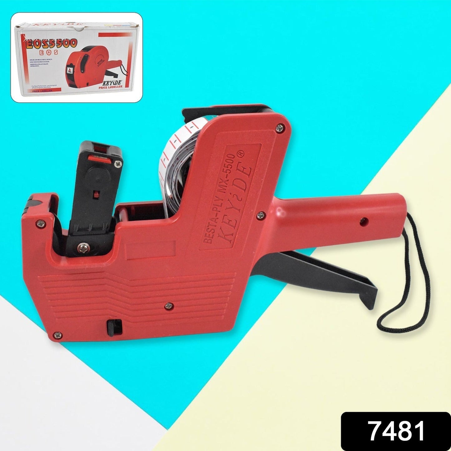 Blue and white Price Tag Gun demonstrating its 8-digit label printing capability on a roll of tags.