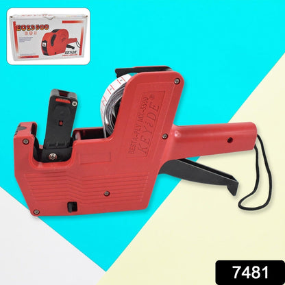 Blue and white Price Tag Gun demonstrating its 8-digit label printing capability on a roll of tags.