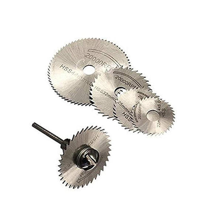 Multiple sizes of HSS circular saw blades displayed for rotary tool compatibility.