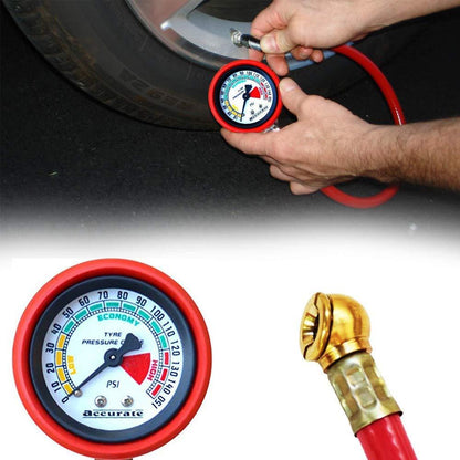 Close-up view of the durable construction of the tire inflator gauge.