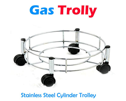 Top-down view of a robust gas cylinder trolley with durable castor wheels