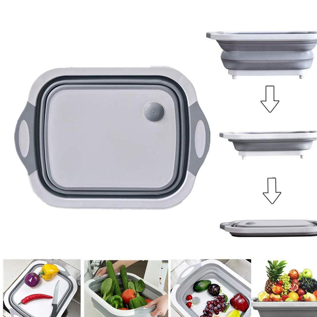 Foldable chopping board in use, converting to a dish rack for washing vegetables.