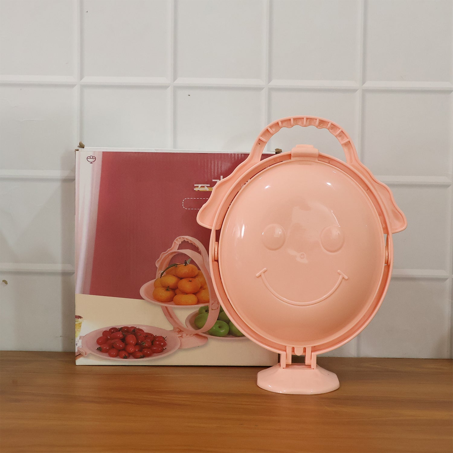 3-layer foldable snack stand showcasing snacks and fruits organized