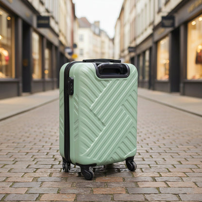 Side view of a durable and lightweight ABS luggage piece with strong zippers.