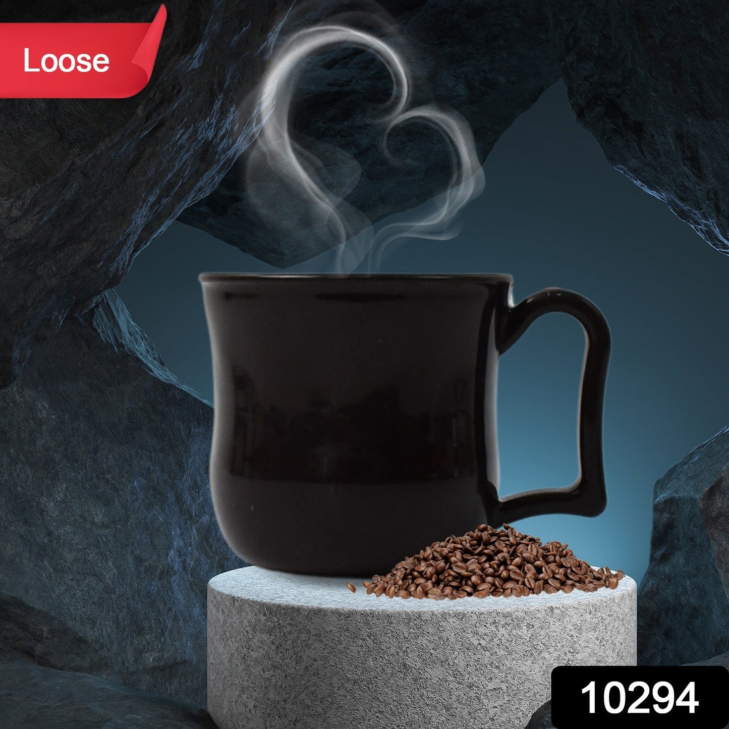 Ergonomic black plastic coffee mug, showcasing its lightweight and durable design.