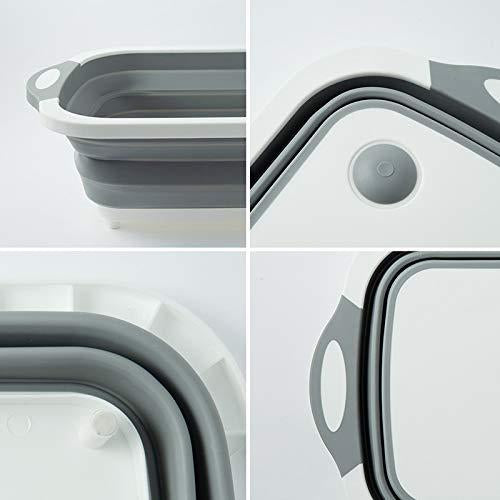 Foldable chopping board with integrated draining basket for washing fruits and vegetables.