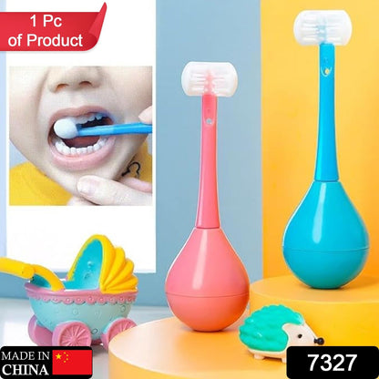 A child's hand holding a soft 3-sided silicone toothbrush, ideal for training.