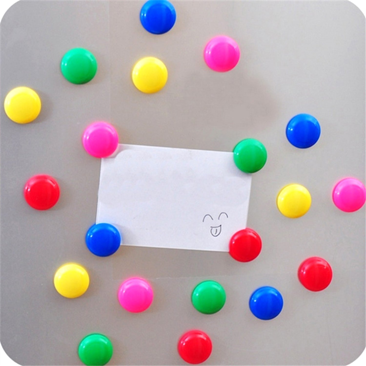 Set of colourful plastic board magnets, ready for use.