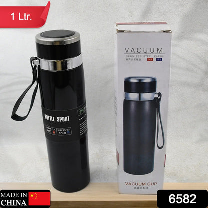 Stainless steel double wall flask with vacuum insulation for hot and cold drinks.