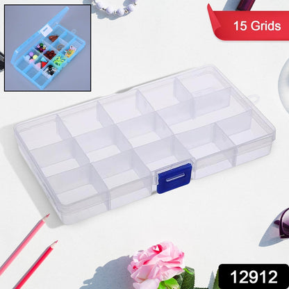 Transparent jewellery storage box with 15 compartments, ideal for earrings, rings, and beads.