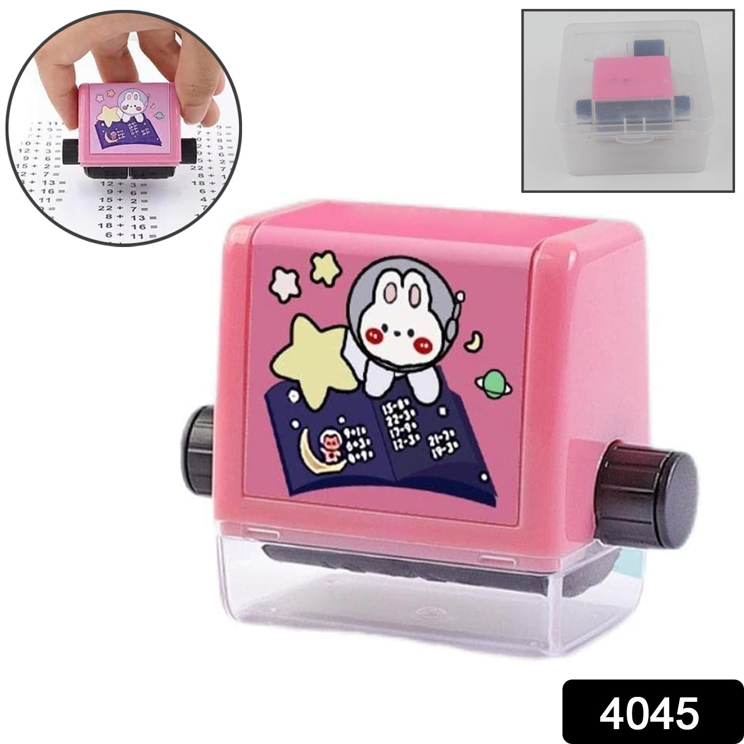 Child using an educational math roller stamp for arithmetic practice.